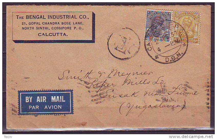 INDIA  -  AIRMAIL  LETTER - CALCUTTA To SUSAK YUGOSLAVI Via ATHINA + FIUME  - 1937 - Autres & Non Classés