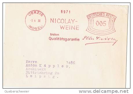 ALLEMAGNE Oblitération Mécanique NICOLAY-WEINE 1930 Uerzig - Vinos Y Alcoholes