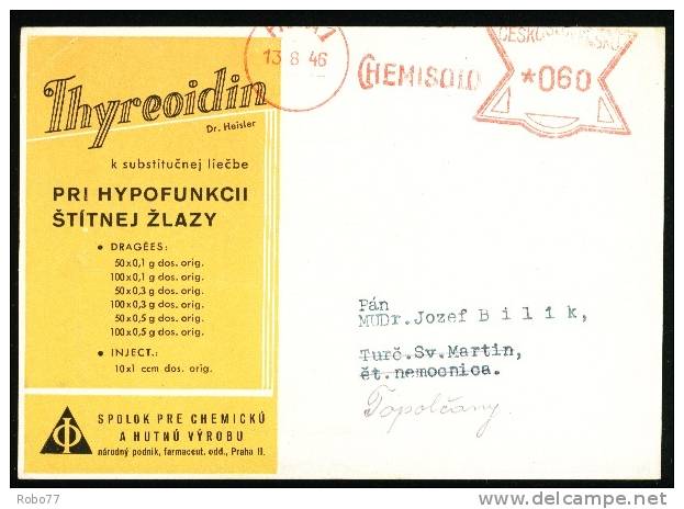 Czechoslovakia Postal Card. Pharmacy, Druggist, Chemist, Pharmaceutics.  Praha 1, 13.8.46. Thyreoidin.  (Zb05092) - Pharmazie