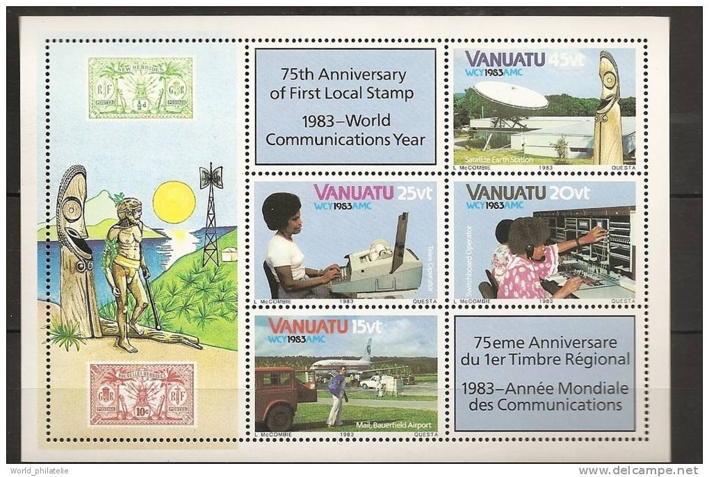 Vanuatu 1983 N° BF 5 ** Communications, Timbre Sur Timbre, Telex, Secrétaire, Avion, Voiture, Soleil, Aéroport - Vanuatu (1980-...)
