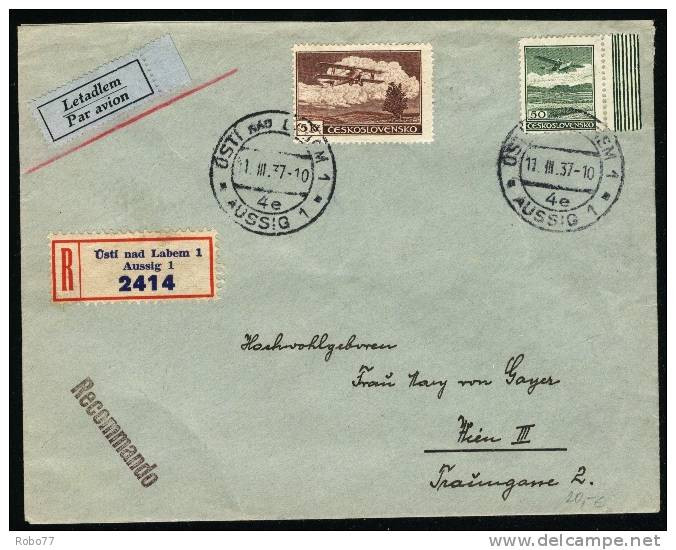 1937 Czechoslovakia Registered Airmail Letter, Cover. Usti Nad Labem 1, 11.III.37.  Praha. (J01065) - Luchtpost