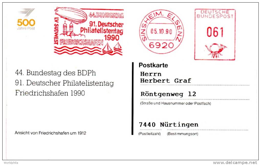 GERMANY/Deutschland- 1990-  Philatelic Day Graf  Zeppelin Machine Cancellation  - Luffschiff Postcard - Zeppelines