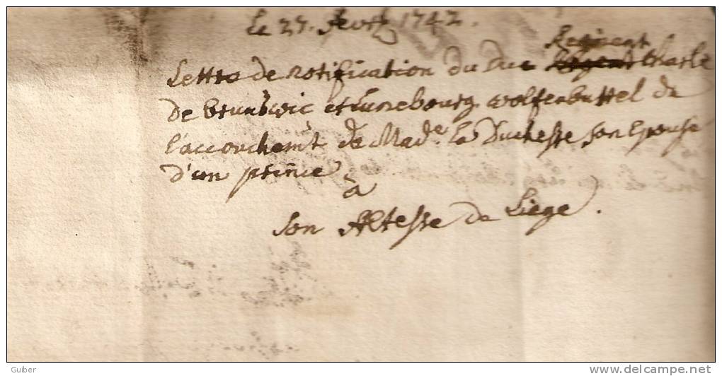 Lettre De Notification Par Porteur 1742 Franchemont Bouillon Segneurie De Grand Duché De Bouillon - 1714-1794 (Oostenrijkse Nederlanden)