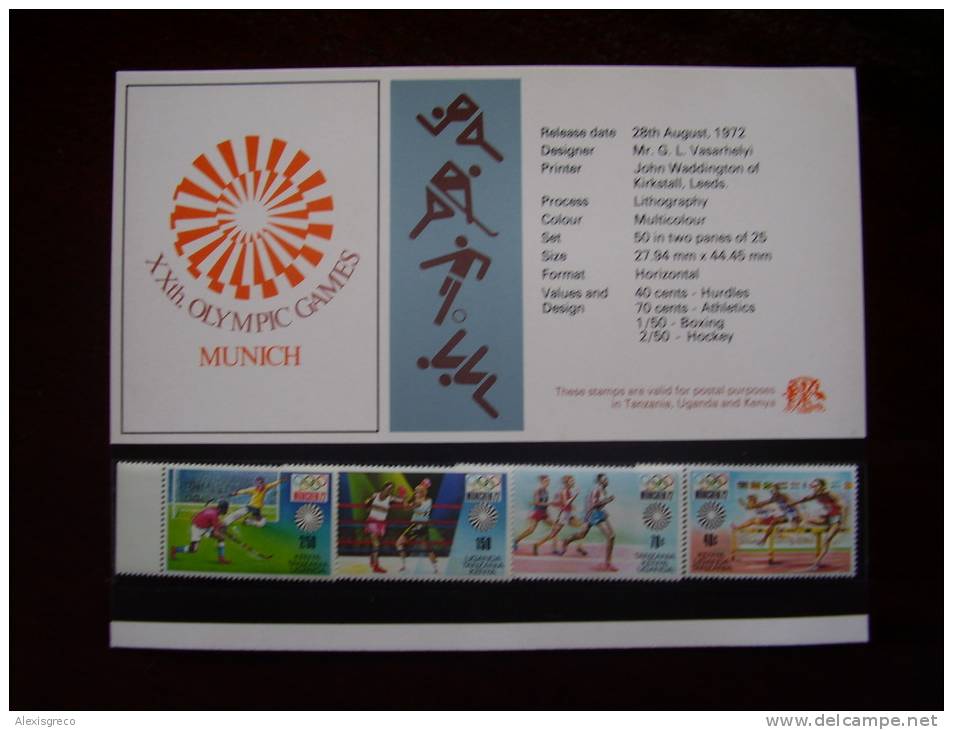 KUT 1972 MUNICH OLYMPICS Issue FULL SET FOUR STAMPS To 2/50 MNH With PRESENTATION CARD. - Kenya, Ouganda & Tanzanie