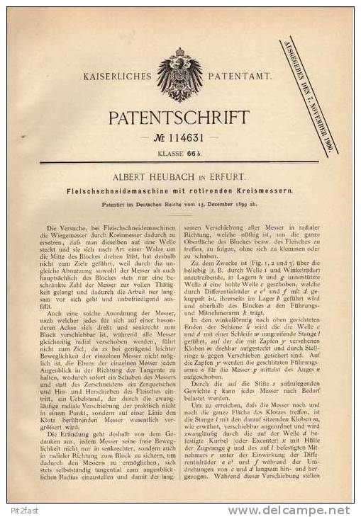 Original Patentschrift - A. Heubach In Erfurt , Fleischmaschine , 1899, Fleischer , Schlachter , Fleischerei !!! - Maschinen