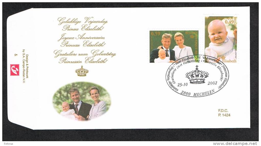 BELGIE  FDC  PRINSES ELISABETH  1 JAAR   2002 - 2001-2010