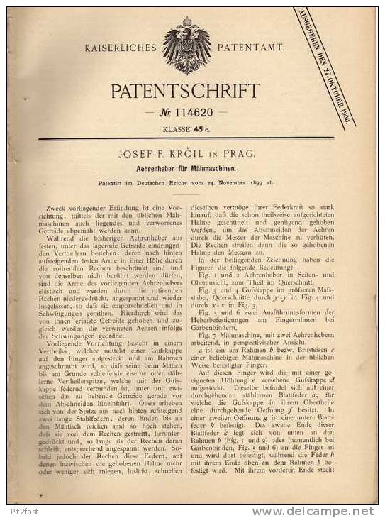 Original Patentschrift - Aehrenheber Für Mähmaschinen , Landwirtschaft , 1899 , J. Krcil In Prag!!! - Tools