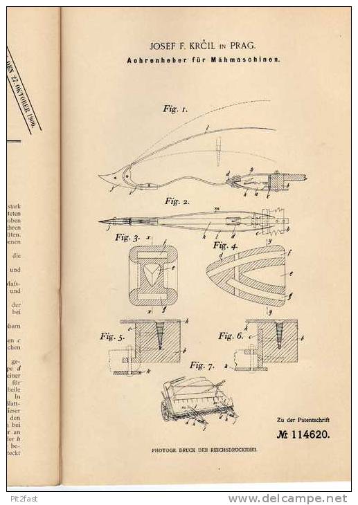 Original Patentschrift - Aehrenheber Für Mähmaschinen , Landwirtschaft , 1899 , J. Krcil In Prag!!! - Tools