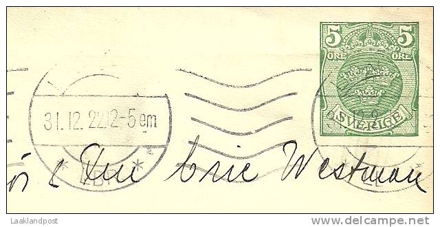 Sweden Enveloppe 1919 Michel Nr U 18 1 Y To Vasteras 31-12-1922 - Postwaardestukken