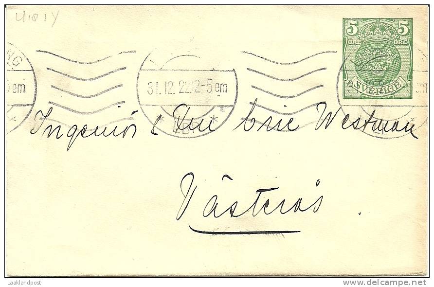 Sweden Enveloppe 1919 Michel Nr U 18 1 Y To Vasteras 31-12-1922 - Postwaardestukken