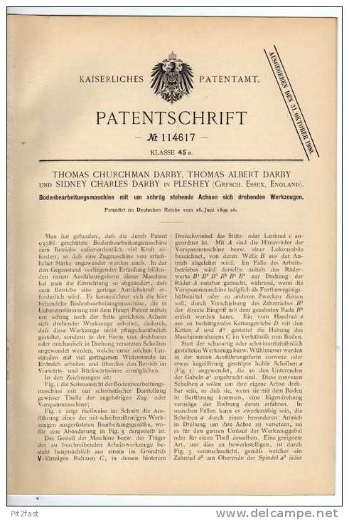 Original Patentschrift - Bodenbearbeitungsmaschine , Landwirtschaft , Agrar 1899 , Darby In Pleshey , Essex , England !! - Tools
