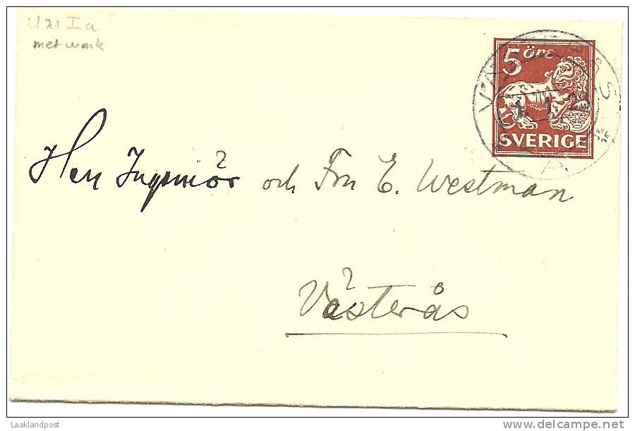 Sweden Enveloppe 1919 Michel Nr U 21 I A (Wz 1 Y) Vasteras 1-1-1923 To Vasteras - Postwaardestukken
