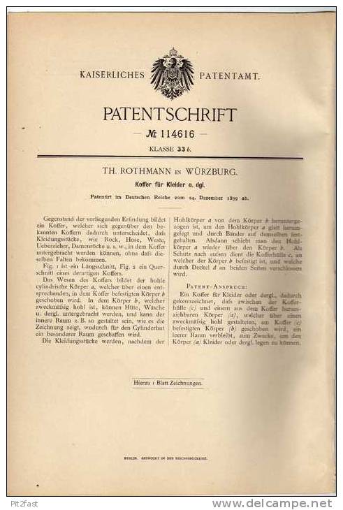 Original Patentschrift - Koffer Für Kleider , 1899 ,Th. Rothmann In Würzburg !!! - Littérature