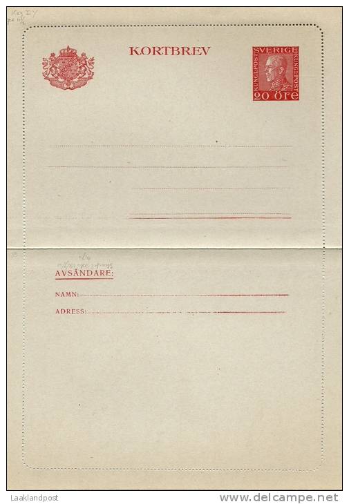 Sweden Lettercard 1942 Michel Nr K29 I Y (gez 11,5) Unused - Postwaardestukken
