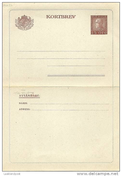 Sweden Lettercard 1936 Michel Nr K28 II B Unused - Postwaardestukken