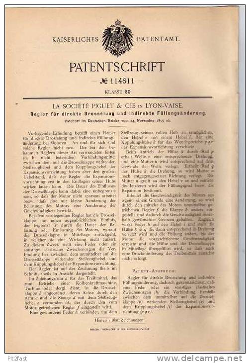 Original Patentschrift - Regler Für Drosselklappe , 1899 ,  Piguet & Cie In Lyon - Vaise !!! - Cars