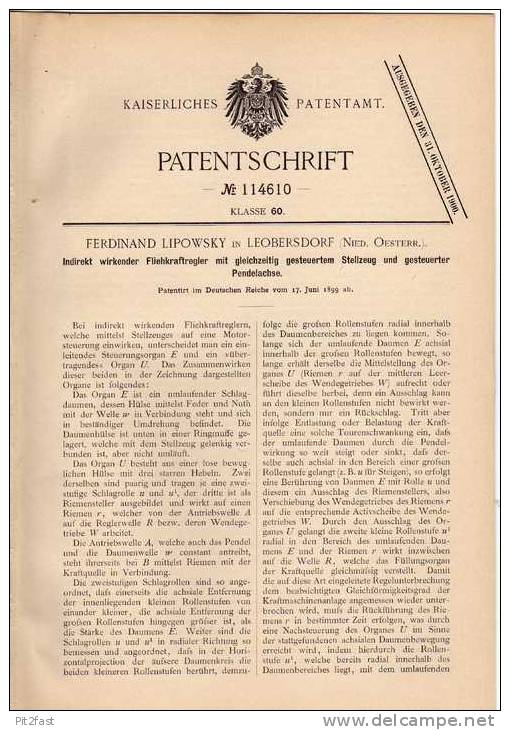 Original Patentschrift - Fliehkraftregler , Technik , 1899 ,F. Lipowsky In Leobersdorf , Österreich  !!! - KFZ