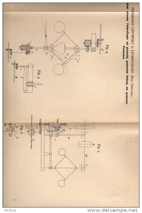 Original Patentschrift - Fliehkraftregler , Technik , 1899 ,F. Lipowsky In Leobersdorf , Österreich  !!! - KFZ