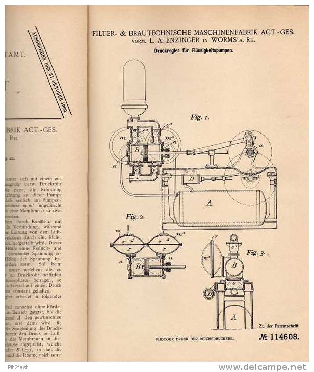 Original Patentschrift - Druckregler Für Pumpen , Brauerei , 1899 , Worms , Maschinenfabrik  !!! - Other & Unclassified