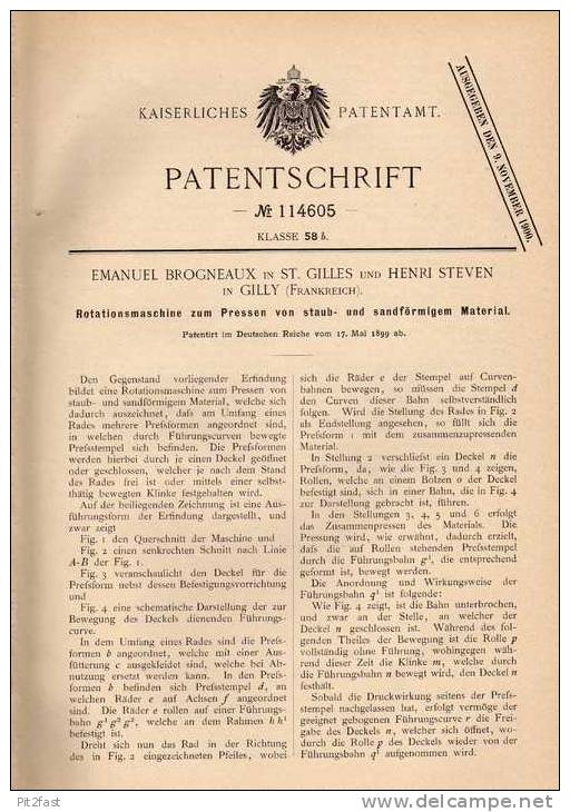 Original Patentschrift - Rotationsmaschine , Presse , 1899, H. Steven In Saint-Gilles Und Gilly , Frankreich    !!! - Maschinen