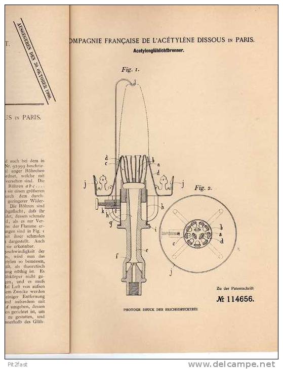 Original Patentschrift - Acetylen Glühlichtbrenner , Gaslampe , 1899, Comp. De L`Acetylene In Paris !!! - Lantaarns & Kroonluchters