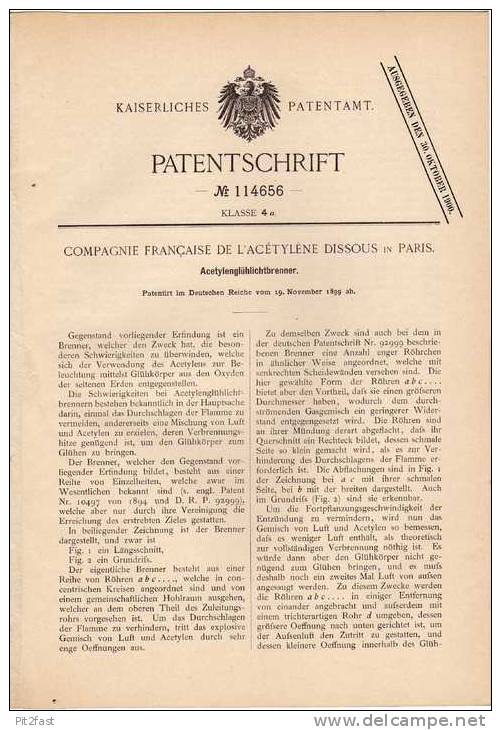 Original Patentschrift - Acetylen Glühlichtbrenner , Gaslampe , 1899, Comp. De L`Acetylene In Paris !!! - Lighting & Lampshades