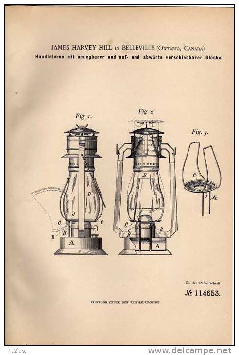 Original Patentschrift - Laterne ,  Öllaterne Mit Glocke , 1899 , J.H. Hill In Belleville , Ontario , Canada !!! - Lámparas Y Arañas