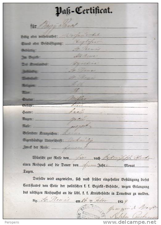 REISEPASS  PASSPORT   1859.   SZENT THAMAS   Vojvodina - Historical Documents