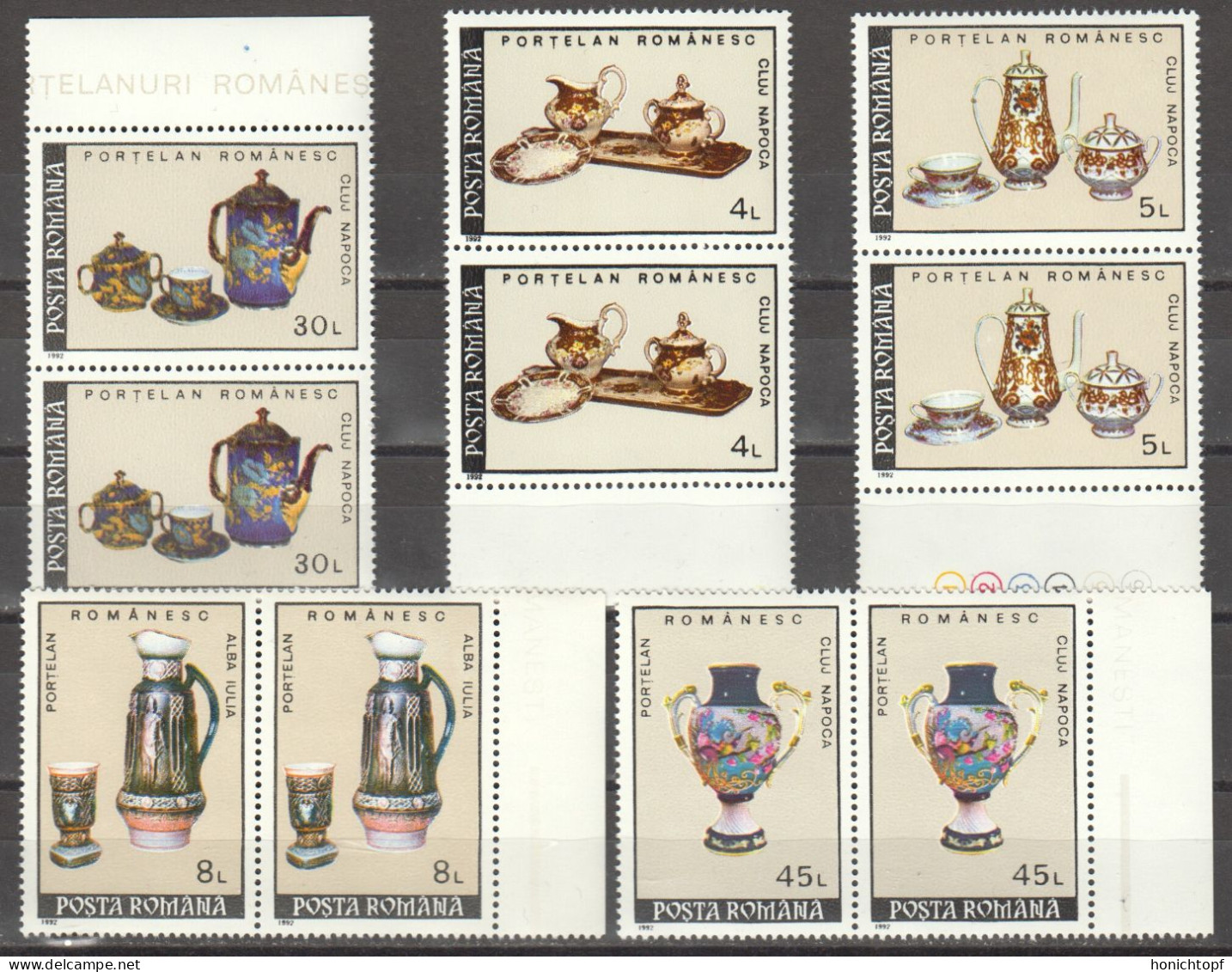 Rumänien; 1992; Michel 4771/5 **; Porzellan, Doppelt; Rand - Unused Stamps