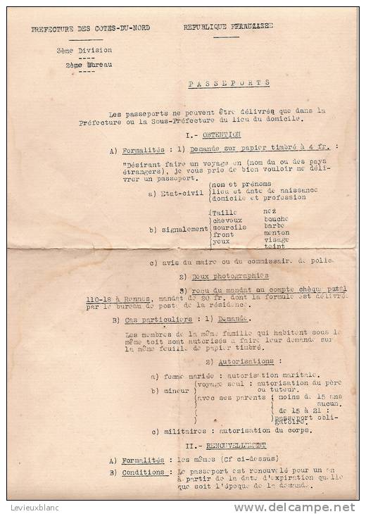 Passeport /République Française/Côtes Du Nord/Notice D´Obtention/1934           VP404 - Non Classés