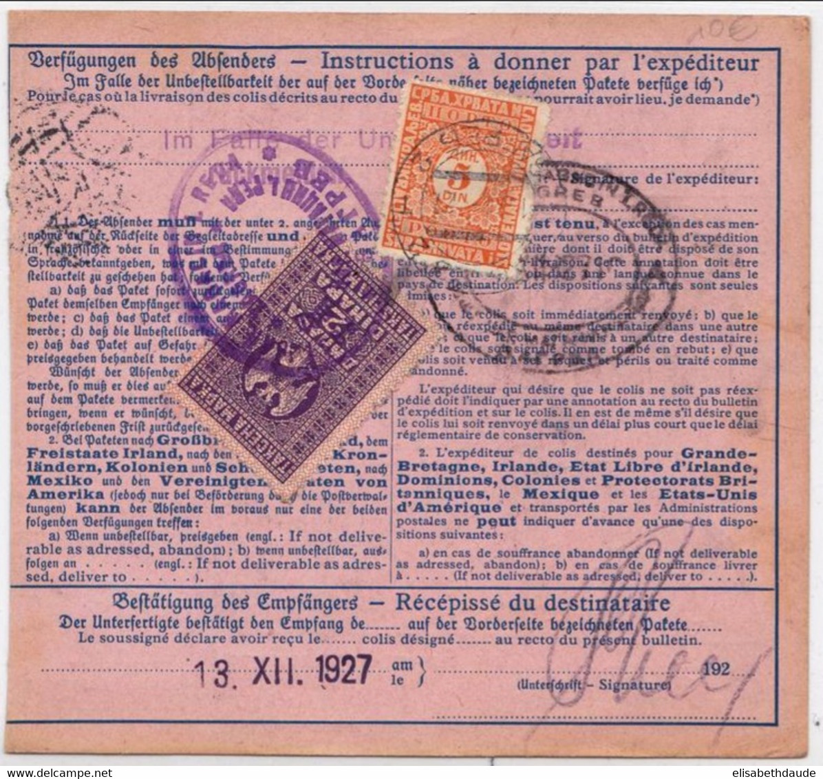 YOUGOSLAVIE - 1927 - BULLETIN D'EXPEDITION De COLIS POSTAUX D'AUTRICHE Avec TAXE Pour NON AFFRANCHISS. à ZAGREB -CROATIE - Storia Postale