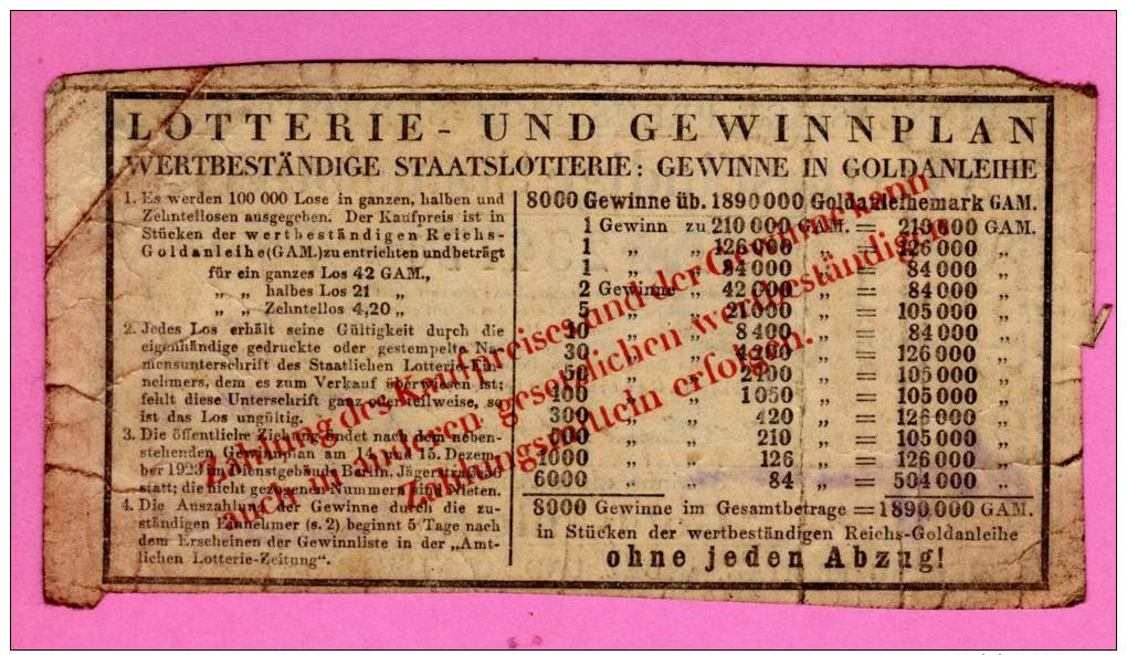 Preussisch-Süddeutsche 1/10 Los Goldlotterie 1923 - Prussia-Southgermany 1/10 Gold Lottery Ticket  Deutschland / Germany - Billetes De Lotería