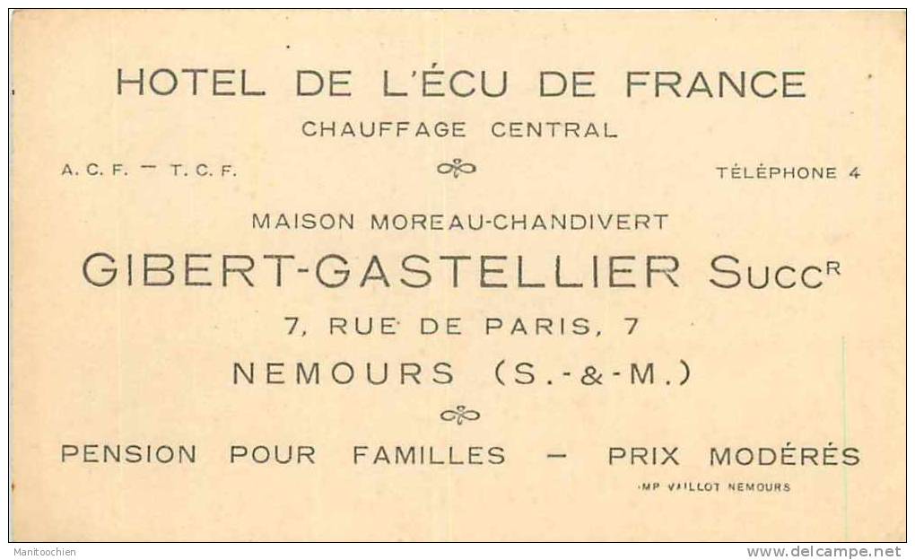 DEP 77 NEMOURS CARTE DE VISITE PUB DE L'HOTEL DE L'ECU DE FRANCE - Cartes De Visite