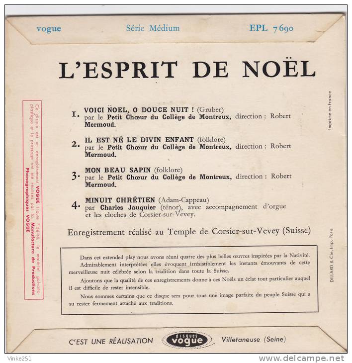 45 T Vinyle Le Petit Choeur Du Collège De Montreux "L´esprit De Noël" - Canzoni Di Natale