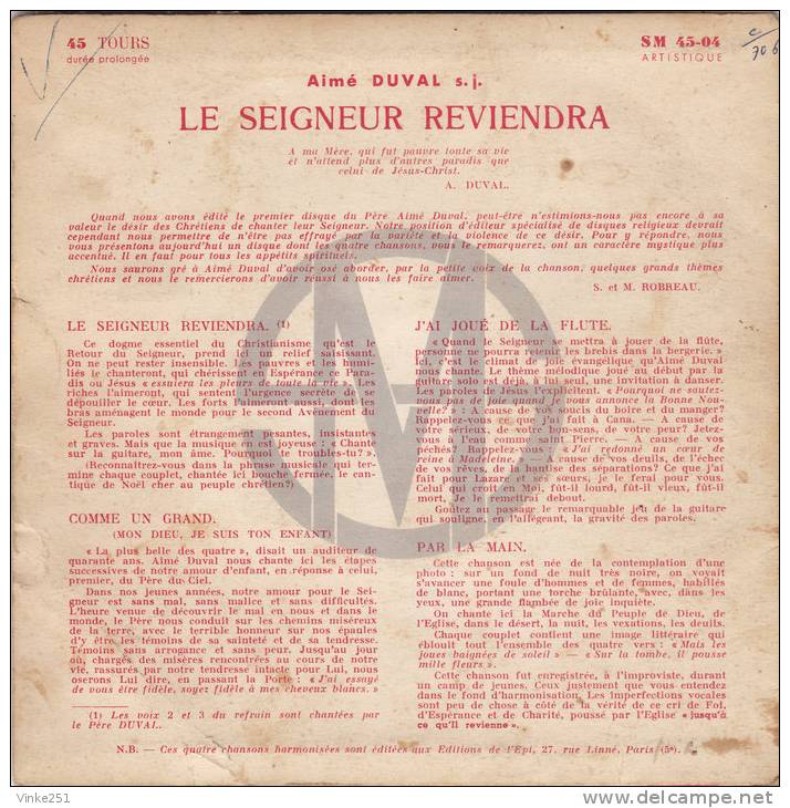 45 T Vinyle Le Seigneur Reviendra édition Studio Aimé Duval - Religion & Gospel