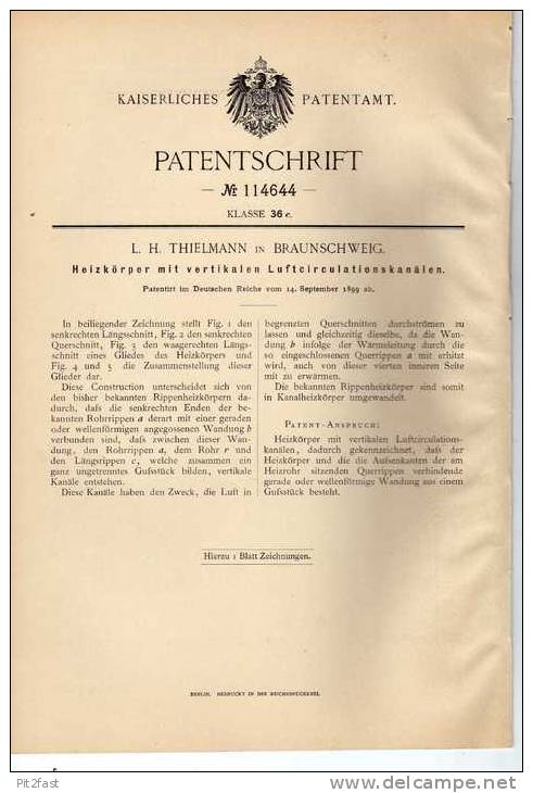 Original Patentschrift - L. Thielmann In Braunschweig , 1899 , Heizkörper !!! - Architecture