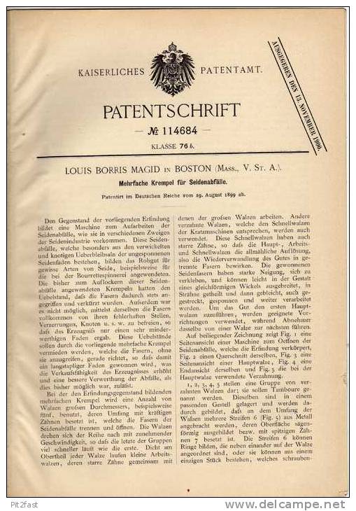 Original Patentschrift - Seide , Seidenmaschine ,1899 , L. Borris In Boston !!! - Literature