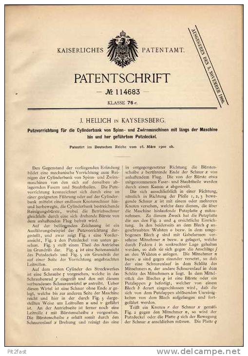 Original Patentschrift - J. Hellich Dans Kaysersberg I Elsass ,1900 , Machine à Filer , Rouet , Filage !!! - Máquinas