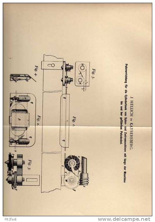 Original Patentschrift - J. Hellich Dans Kaysersberg I Elsass ,1900 , Machine à Filer , Rouet , Filage !!! - Tools