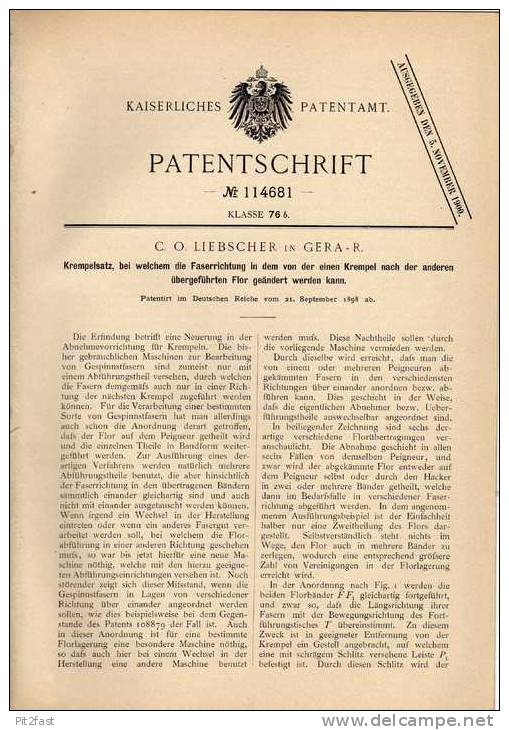 Original Patentschrift - C. Liebscher In Gera , 1898 , Faser , Stoffverarbeitung , Maschine , Näherei !!! - Macchine