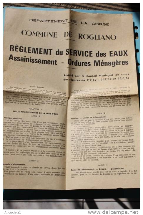 Commune De ROGLIANO En Corse :règlement Service Des Eaux, Assainissement-ordures Ménagères Conseil Municipal:1962/1975 - Europe