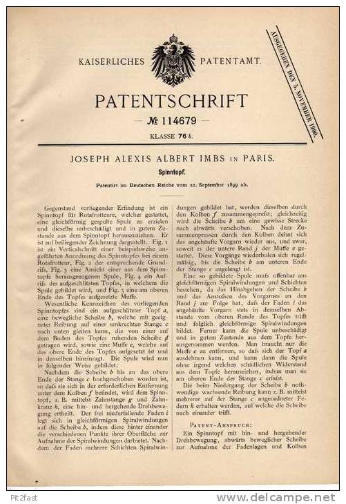 Original Patentschrift - Spinnmaschine , Spinntopf , Spinnerei , 1899 ,J. Imbs In Paris  !!! - Maschinen
