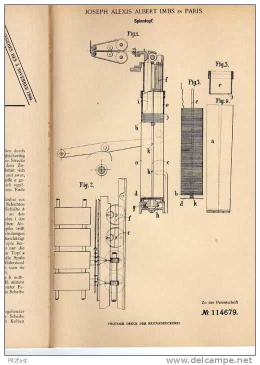 Original Patentschrift - Spinnmaschine , Spinntopf , Spinnerei , 1899 ,J. Imbs In Paris  !!! - Machines