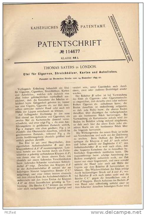 Original Patentschrift - Zigaretten Etui , Zigarren , 1899, T. Sayers In London !!! - Etuis à Cigarettes Vides