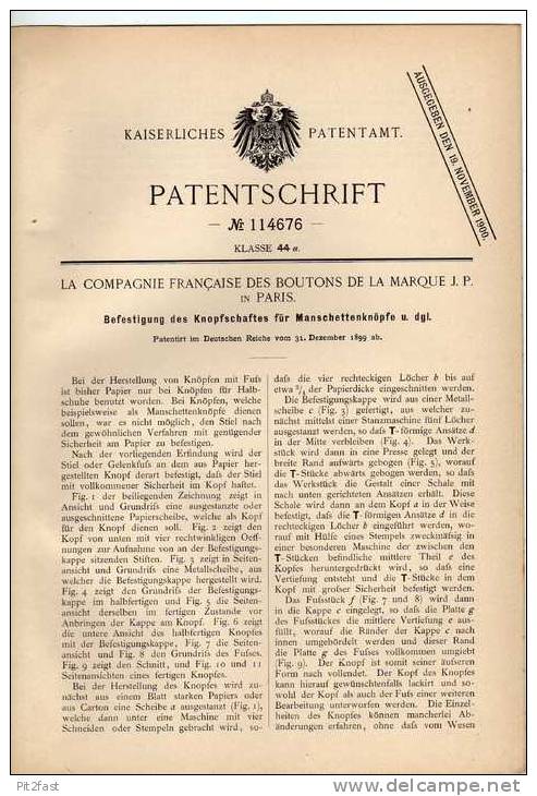 Original Patentschrift - Knöpfe , Manschettenknöpfe , 1899 , De La Marque In Paris !!! - Knöpfe