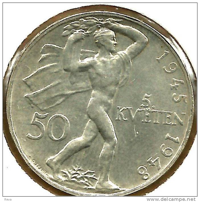 CZECHOSLOVAKIA 50 KORUN KVETEN 1945-48 FRONT EMBLEM  BACK 1948 AG SILVER UNC KM?  READ DESCRIPTION CAREFULLY !!! - Czechoslovakia