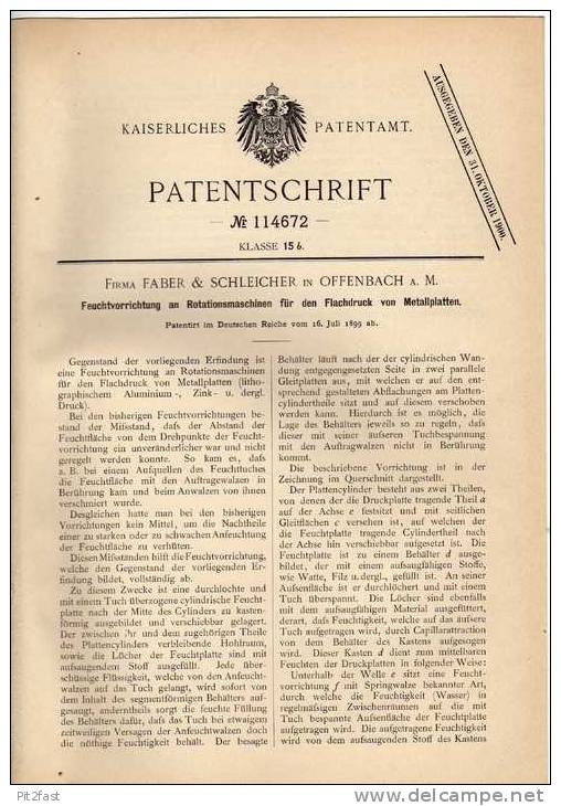 Original Patentschrift - Fa. Faber & Schleicher In Offenbach A. Main , 1899 , Druckmaschine !!! - Machines