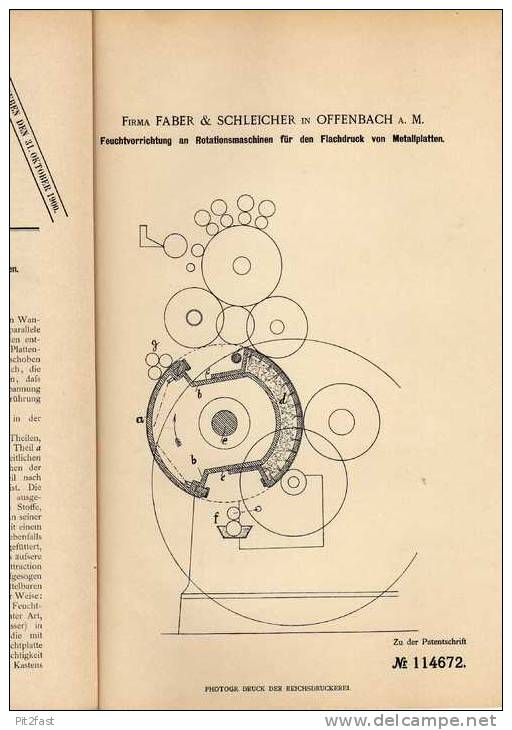 Original Patentschrift - Fa. Faber & Schleicher In Offenbach A. Main , 1899 , Druckmaschine !!! - Tools