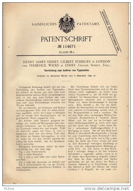 Original Patentschrift - Setzmaschine , Setzerei , 1899, H. Stringer In London Und Esher !!! - Maschinen