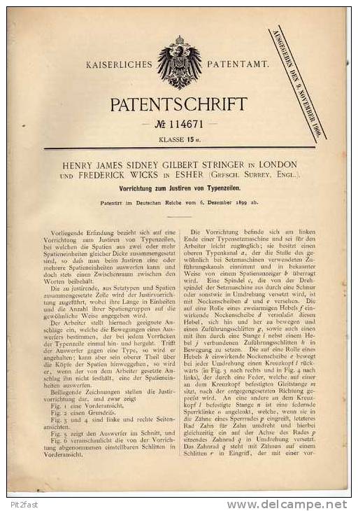Original Patentschrift - Setzmaschine , Setzerei , 1899, H. Stringer In London Und Esher !!! - Tools